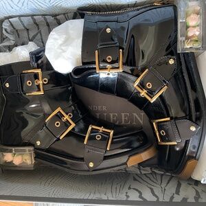 Alexander McQueen buckle boots booties with flower petal rosebud heels 38/8/7.5